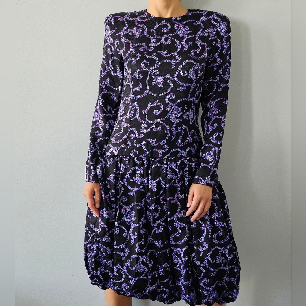 Vintage Maggy London by Jeannene Booher 1980's 100% Silk dress Sz 6 Black Purple